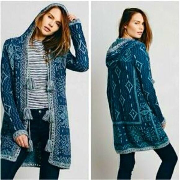 Free People Kai‎ Pom Hooded Longline Cardigan Sweater Women’s S Fringe Bohemian - Picture 1 of 7